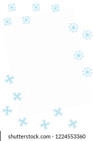 Blue snowflakes on the page of the notebook. May be used as a  greeting card or background for banner. Vector illustration. 