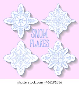 Blue snowflakes on pink background. Vector clipart for typography, wedding or nursery design, winter seasonal decoration. New Year or Christmas postcard template. Abstract mandala drawing