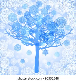 Blue snowflakes on the tree, abstract background, vector illustration