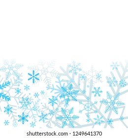 Blue snowflakes on white background with blank area for your message. Snowflakes in diffrent shapes. Snow flakes, snow background, winter concept. Christmas invitation card design.