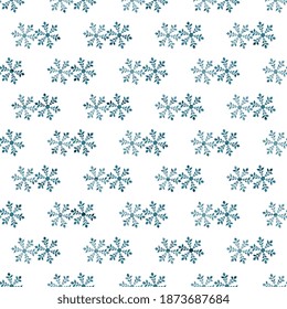 Copos de nieve azules sobre un fondo blanco, con una textura vintage antigua, artística. Patrón vectorial sin fisuras para una cubierta festiva, embalaje y diseño superficial.