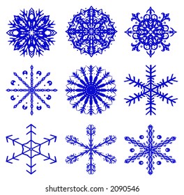 Blue snowflakes on a white background. A vector illustration.