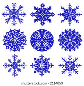 Blue snowflakes on a white background. A vector illustration.