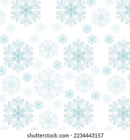 blue snowflakes on a white background. Winter seamless vector pattern.
