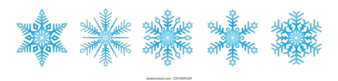 Blaue Schneeflocken auf weißem Hintergrund für Winterdesign. Eine Reihe von fünf Schneeflocken. Ein Symbol von Weihnachten und Neujahr. Vektor EPS10.