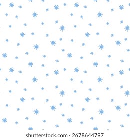 Copos de nieve azules sobre un fondo blanco, patrón simple del invierno inconsútil, Vector, dibujado a mano. Navidades patrón Plantilla para papel de embalaje, tela, decoración, diseño, cartel, fondo