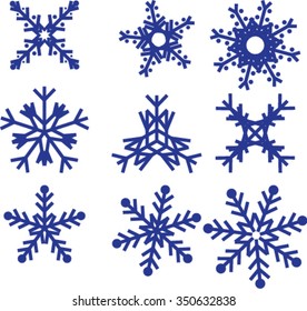 blue snowflakes on a white background, collection of different blue snowflakes on white background