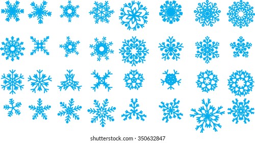 blue snowflakes on a white background, collection of different blue snowflakes on white background