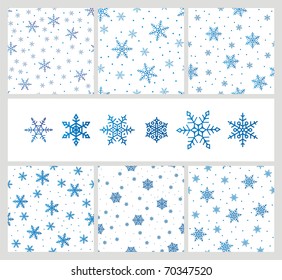 blue snowflakes on white, different seamless backgrounds