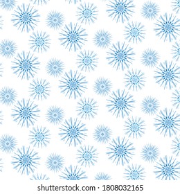 Blue snowflakes on white. Vector illustration. Delicate graphic snowflakes. Blue blooming cornflowers. Falling mandalas. 