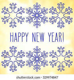 Blue snowflakes over square abstract smooth blur background with hand written New Year greetings.