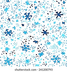 blue snowflakes/ print/ seamless pattern/ watercolor sketch on white background/ vector illustration