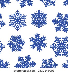 Copos de nieve azul sin patrón. Fondo de pantalla abstracto, decoración de envoltura. Feliz fiesta de Navidades, feliz celebración del Año Nuevo. Ilustración vectorial plana.