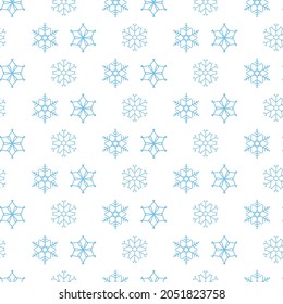 Blue snowflakes seamless pattern on white. Winter festive background. Vector illustration.
