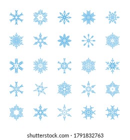 Blue snowflakes set isolated on white background. Snow elements for Happy New Year and Merry Christmas holidays greeting card decoration. Beautiful and simple design vector illustration.