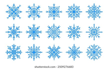 Blaue Schneeflocken, Winter, Vektorgrafik. Kollektion Linie Kunst Schneeflocken Ikonen, Kristall Ornament. Gestaltungselement für das neue Jahr, Weihnachtskarten. Umriss handgezeichnete Schneeflocken. Winterliche Atmosphäre.