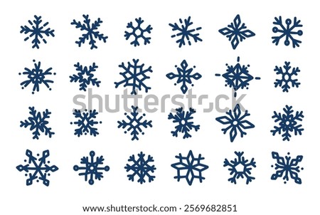 Blue snowflakes set, winter vector illustration. Simple hand drawn snow flakes. Winter atmosphere. Collection doodle snowflake icons, crystal ornament. Design element for new year, christmas cards. 