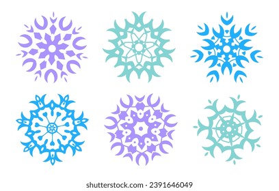 Los copos de nieve azules están listos para tu diseño. Interesantes elementos geométricos. Juguetes de árbol de Navidad sobre fondo blanco. Antecedentes de Navidad. Ilustración vectorial plana.