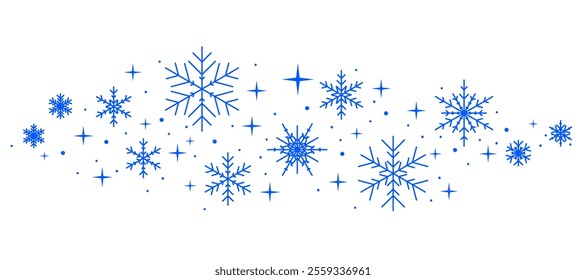 Blue snowflakes in simple vector line art style fall gracefully on a white background. Minimalist winter clipart perfect for festive and seasonal designs.