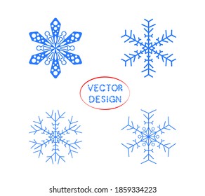 Blue snowflakes, symmetrical snow, Set. Vector winter icon, template. Decorative decoration for Christmas and new year.