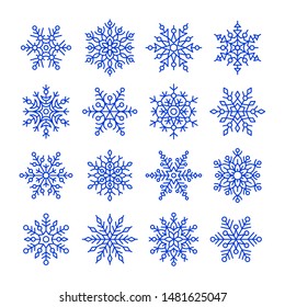 Blue snowflakes thin line set. Christmas and new year decoration vector element. Different winter snowflakes isolated on white background