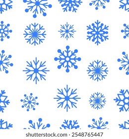 Blue snowflakes of various sizes set against a white background in a seamless pattern. The design has a festive and wintery concept. Vector illustration