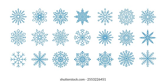 Blauer Schneeflocken-Vektorsatz für Winterdesign-Element. Silhouette Schneeflocken einzeln auf weißem Hintergrund. Symbolsammlung einfrieren. Schnee Eis Kristall Form Grafik.