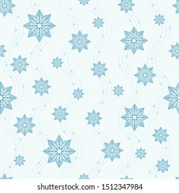Blue snowflakes and waves on a white background. Seamless pattern. Pattern for fabric, wrapping paper for Christmas gifts. Vector