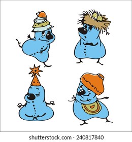 Blue Snowmen isolated on white background. Cute cartoon snowmens set in vector