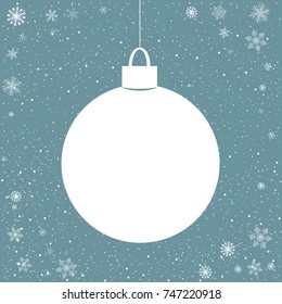 Blue snowy background with paper ball. Big snowfall. Christmas congratulation card.