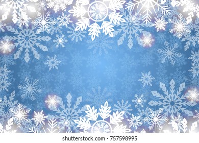 Blue snowy background white snowflakes. Winter holidays and Christmas vector illustration with white snowflakes.