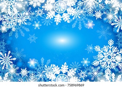 Blue snowy background white snowflakes. Winter holidays and Christmas vector illustration with white snowflakes.