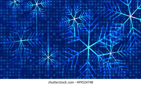 Blue snowy matrix. Snowflakes on a blue background. Vector. 3D effect