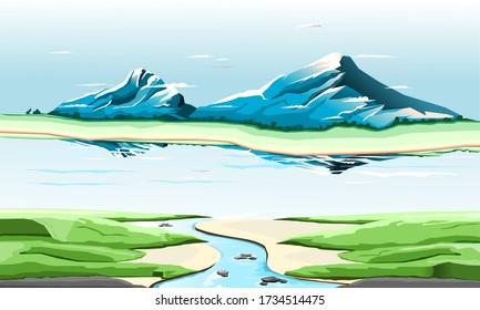 Blue snowy mountain and sky landscape. The mountains are surrounded by ocean and lush green meadows.