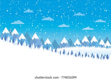 Blue Snowy Mountains Background with Pines Tree Vector Illustration