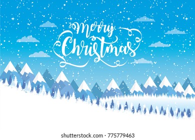 Blue Snowy Winter Mountains Landscape with Merry Christmas Text and Pines Tree Vector Illustration