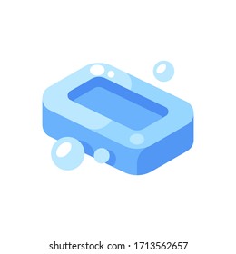 Blue soap bar with bubbles illustration. Hygiene flat icon