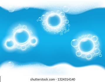 Blue soap bubbles background. Bubbly vector background or blue water and white suds foam fresh hygiene clear backdrop