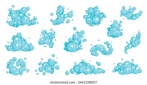 Blue soap bubbles. Cartoon flat bath foam, detergents with water effect, mini compositions, shampoo or shower gel, shaving mousse, antibacterial hygiene product isolated nowaday vector set