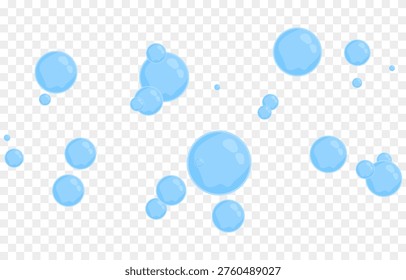 Blue soap bubbles in cartoon style. Cartoon bubbles PNG. Flying soap bubbles from foam or detergent.
