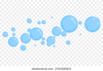 Blue soap bubbles in cartoon style. Cartoon bubbles PNG. Flying soap bubbles from foam or detergent.