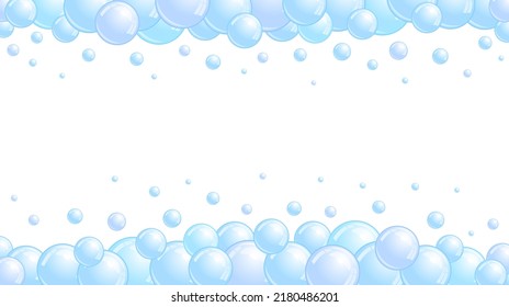 Blue soap bubbles frame. Foam border, suds decorative divider. Soap bubbles pattern. Vector background