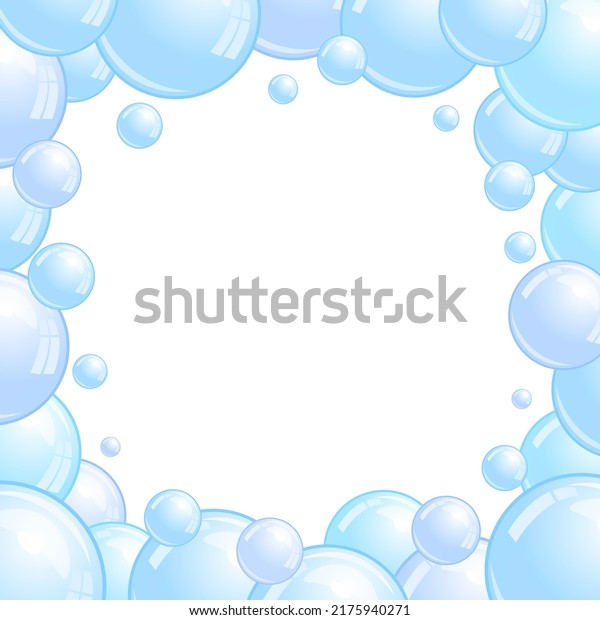 Blue soap bubbles\
frame. Foam border, suds decorative divider. Soap bubbles pattern.\
Vector background