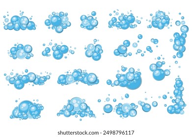 Blue soap bubbles mega set elements in flat graphic design. Bundle objects of different shape balls compositions with bath foams, foamy suds of shampoo or shower gel products. Vector illustration.