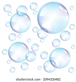 BlauSeifenblasen auf weißem Hintergrund, Vektorgrafik transparenter Blasen