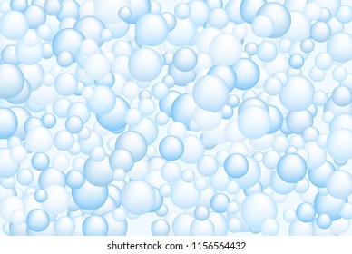 Blue soap foam bubbles vector concept, abstract shampoo soapy effect background. Water and detergent foam bubbles illustration. Blurry sphere elements background for hygiene cosmetics soap or shampoo.