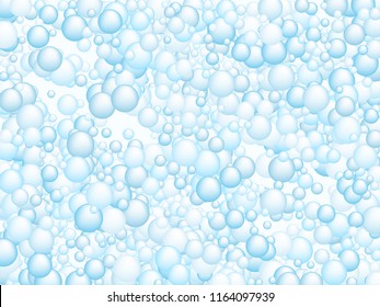 Blue soap foam bubbles vector concept, abstract shampoo soapy effect background. Water and detergent foam bubbles illustration. Blurry sphere elements background for hygiene cosmetics soap or shampoo.