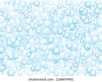 Blue soap foam bubbles vector concept, abstract shampoo soapy effect background. Water and detergent foam bubbles illustration. Blurry sphere elements background for hygiene cosmetics soap or shampoo.