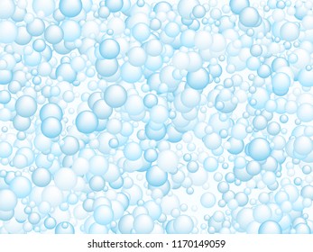Blue soap foam bubbles vector concept, airy shampoo soapy effect background. Water and detergent foam bubbles illustration. Blurry sphere elements background in blue for cosmetics soap or shampoo.