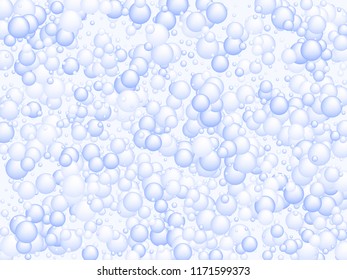 Blue soap foam bubbles vector concept, airy shampoo soapy effect background. Water and detergent foam bubbles illustration. Blurry sphere elements background in blue for cosmetics soap or shampoo.